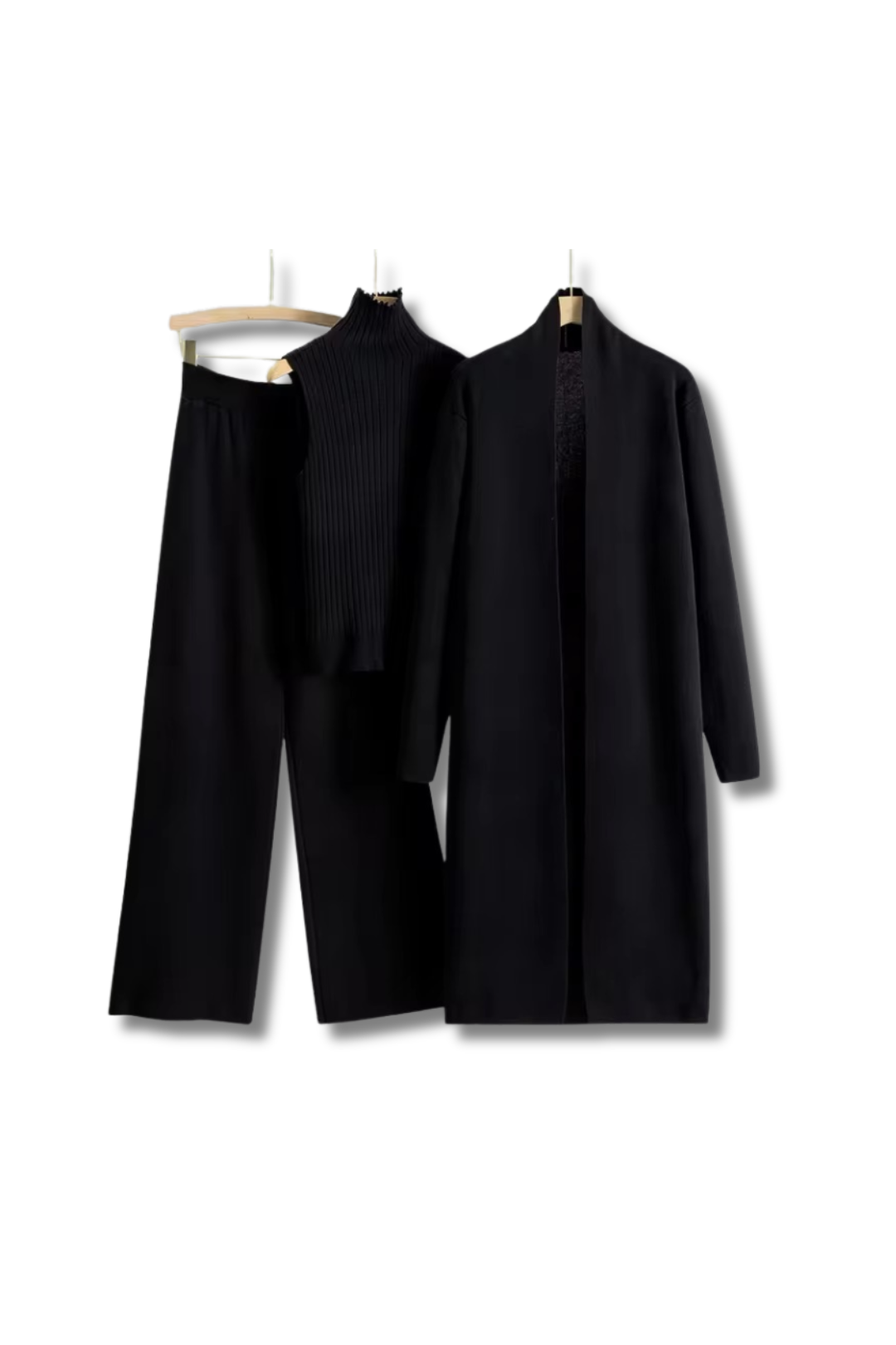 HELEN - Dreiteiler Lange Strickjacke, weite Hose & ärmelloses Rollkragen Top aus Strick